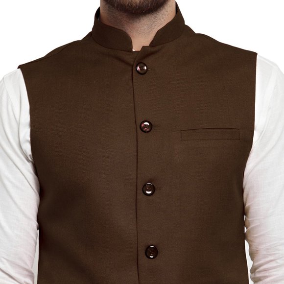Sleeveless Traditional Jute Fabric Chocolate Brown Nehru Jacket by Treemoda - Picture 4 of 5